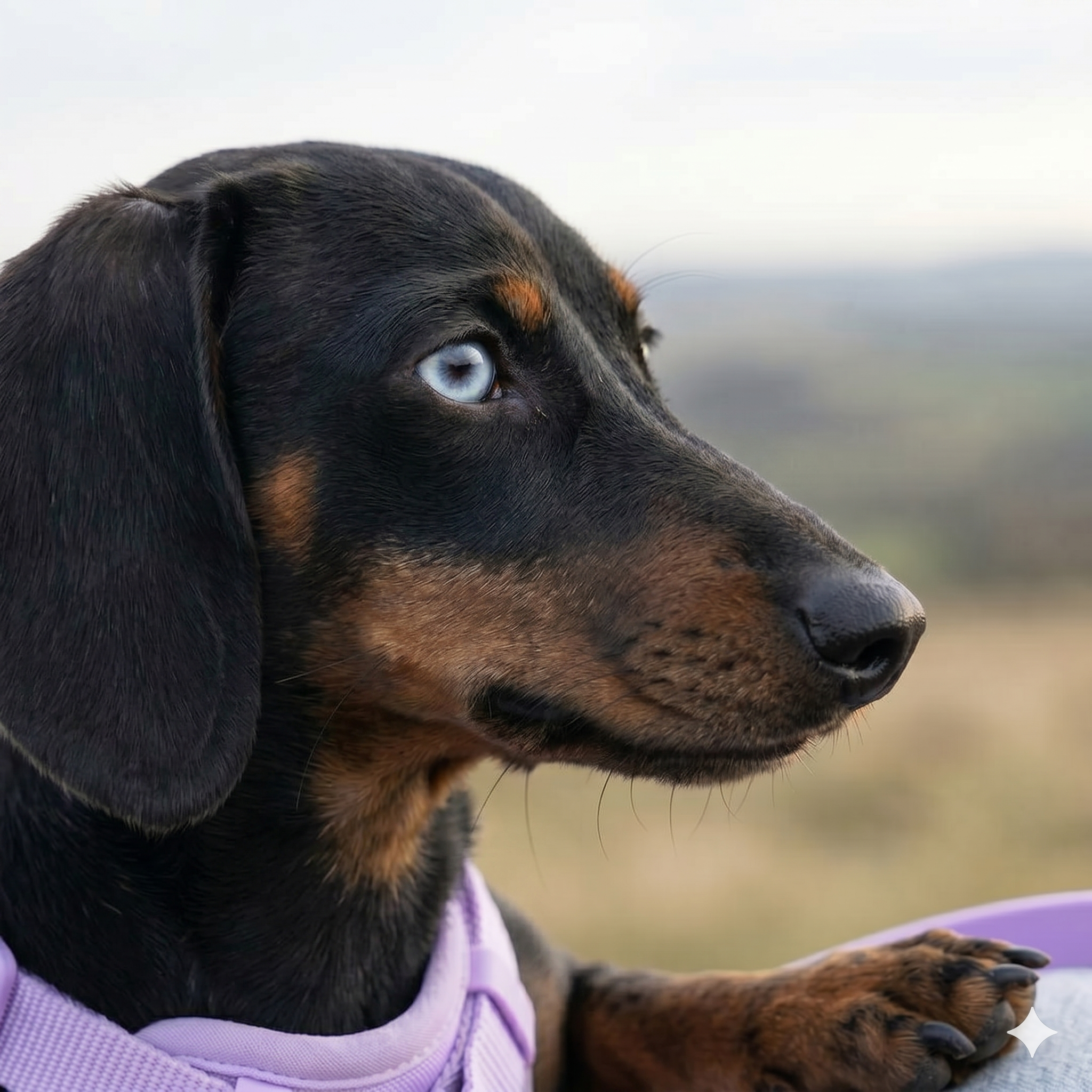 Dachshund wearing a spine-safe Doxie Gang harness — designed for the dachshund body shape