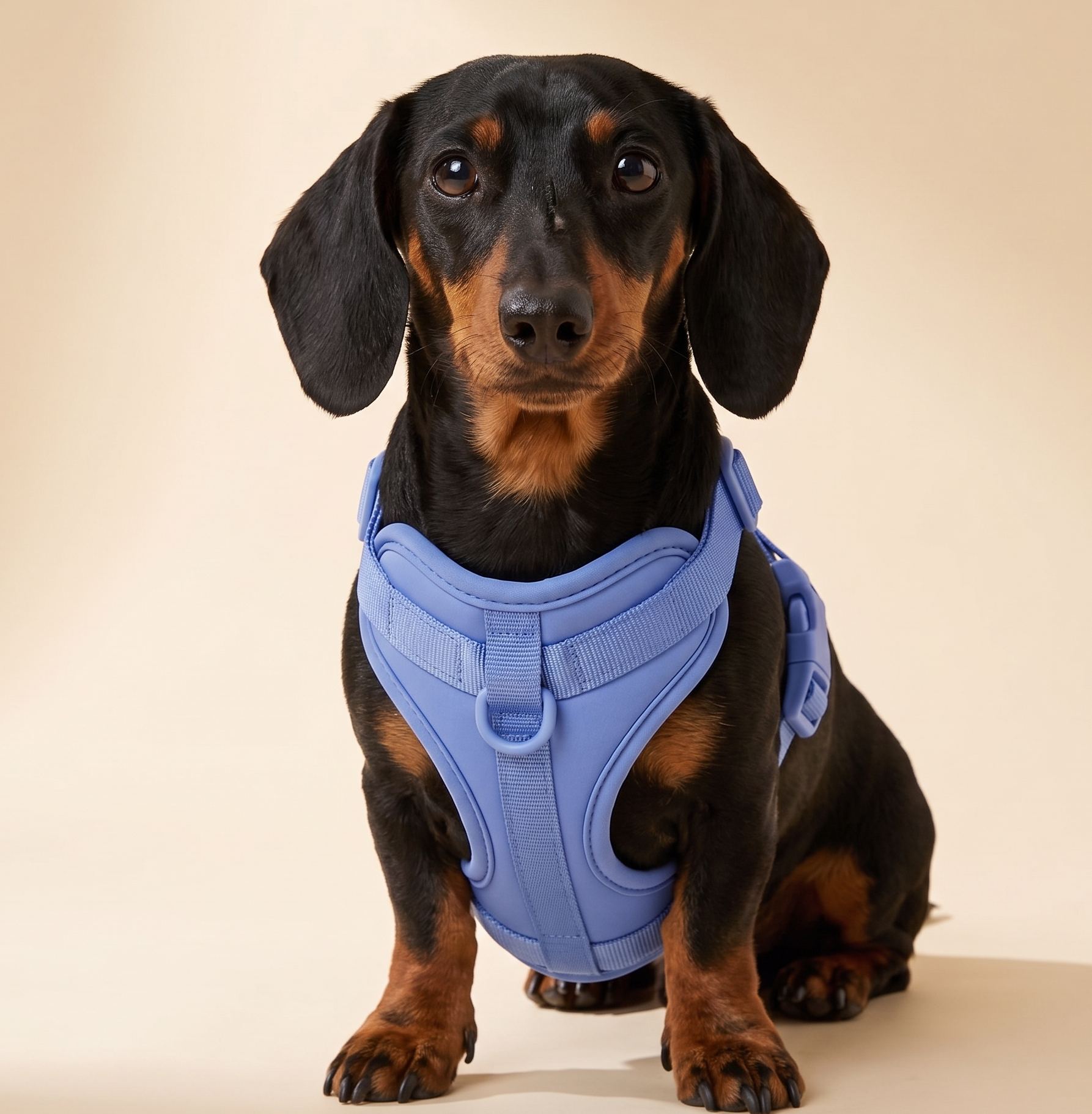 Dachshund wearing the Doxie Gang spine-safe harness